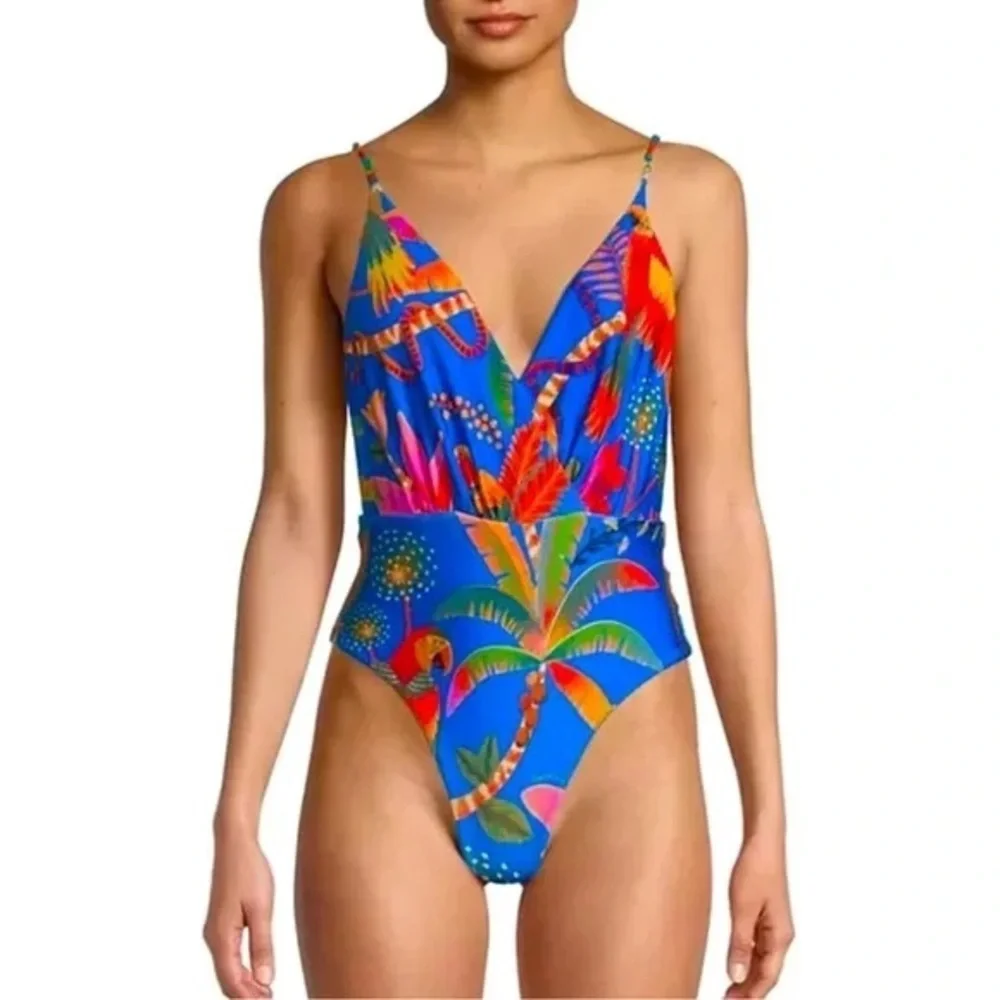 Farm Rio Blue Macaw Party One-Piece Swimsuit / bathing suit / Swim